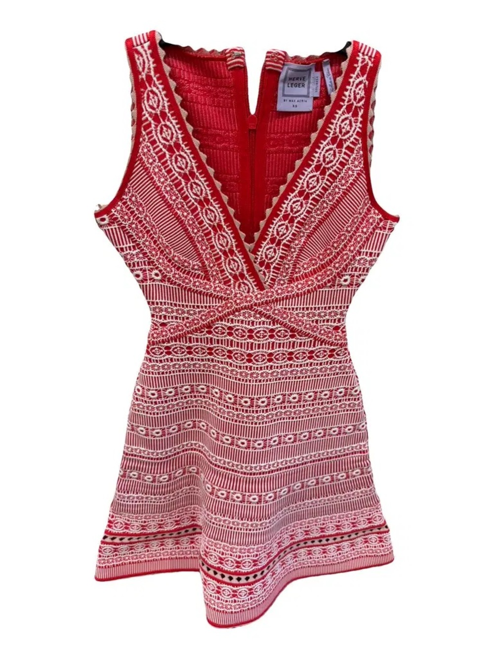 Herve Leger Red and White Lace-Pattern V-Neck Knit Top